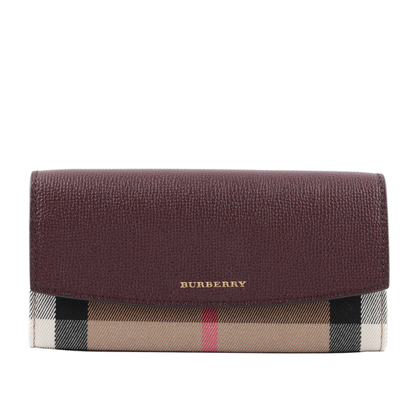 【BURBERRY】HOUSE格紋拚皮革壓釦長夾(酒紅色) 80278921