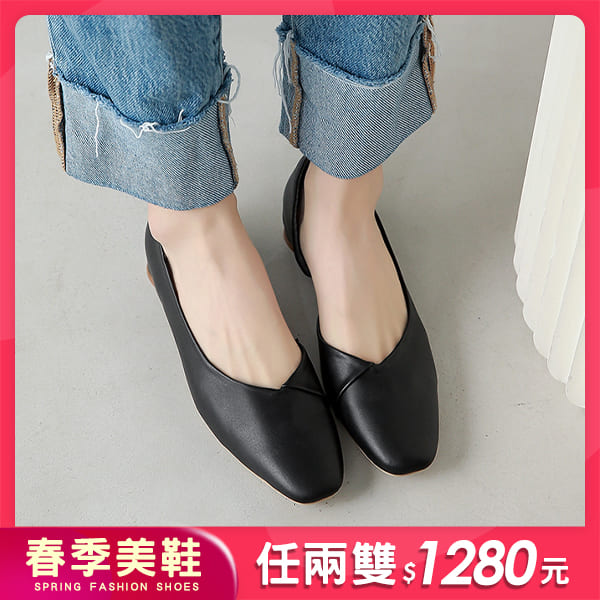 方頭鞋．MIT韓風皮革側簍空拼接低跟包鞋．白鳥麗子