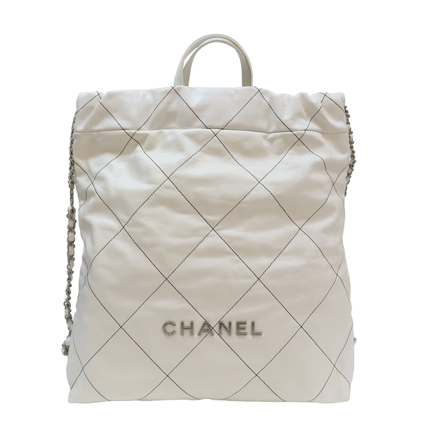 【二手名牌BRAND OFF】CHANEL 香奈兒 白色 牛皮 菱格紋 CHANEL 22 後背包 銀扣