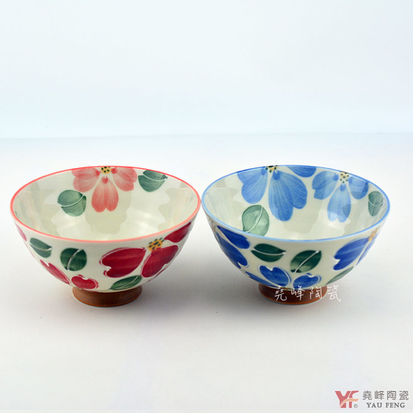 【堯峰陶瓷】日本美濃燒-三色花毛料碗 藍色 紅色(單入)|日本花|情侶 親子碗|日本製陶瓷碗
