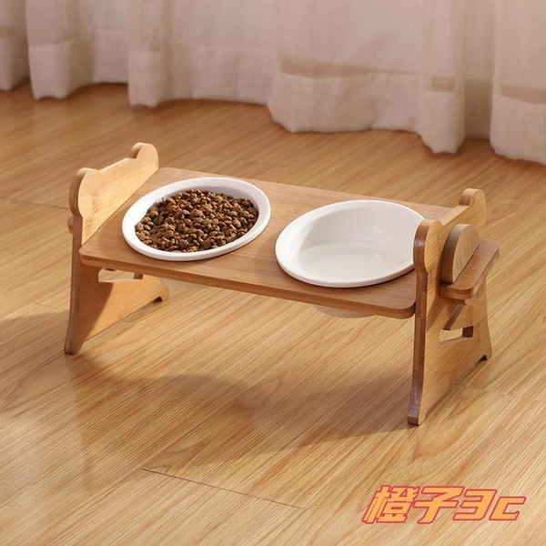 貓碗 寵物碗 貓碗雙碗傾斜角度保護頸椎竹木架狗狗寵物斜口寵物餐桌狗碗陶瓷碗