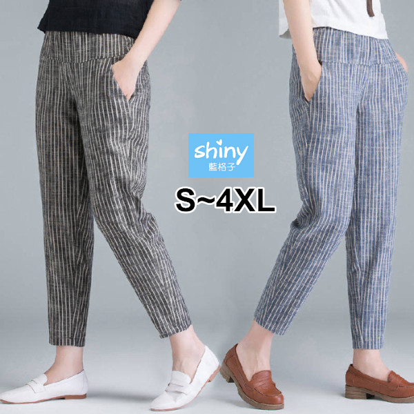 【V3365】shiny藍格子-簡單好感．豎條紋寬鬆顯瘦休閒九分褲