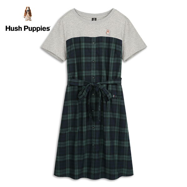 Hush Puppies 洋裝 女裝格紋拼接假兩件開襟綁帶洋裝