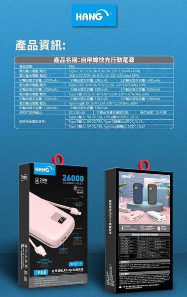 HANG 26000大容量+自帶iphone可快充PD雙線/PD8 20W LCD顯示行動電源 product thumbnail 9