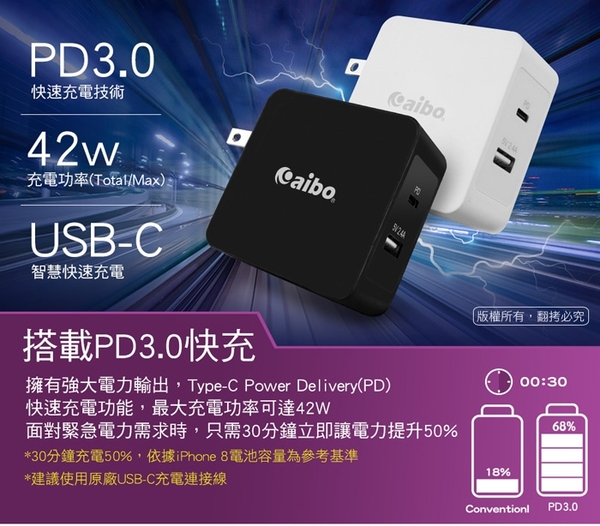 aibo Type-C PD3.0+USB 42W萬用高效能急速充電器 product thumbnail 3