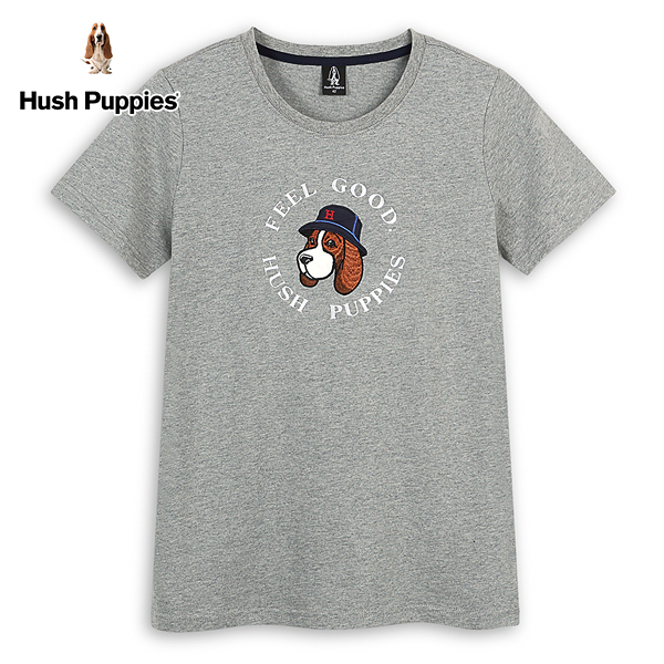 Hush Puppies T恤 女裝素色Q版刺繡漁夫帽狗短袖T恤