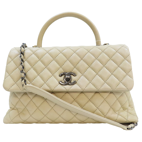 【二手名牌BRAND OFF】CHANEL 香奈兒 米白色 牛皮 Handle 34cm 两用包