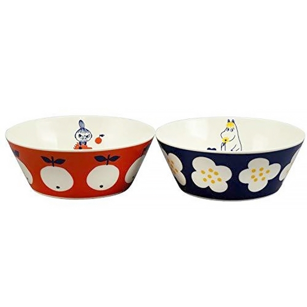 小禮堂 Moomin 陶瓷對碗2入組 340ml (紅蘋果/藍花朵款) 4979855-270691