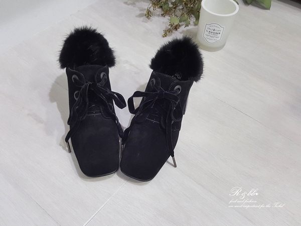 R&BB真皮羊麂皮踝靴-優雅緞帶毛毛方頭粗跟鞋-黑色 product thumbnail 8