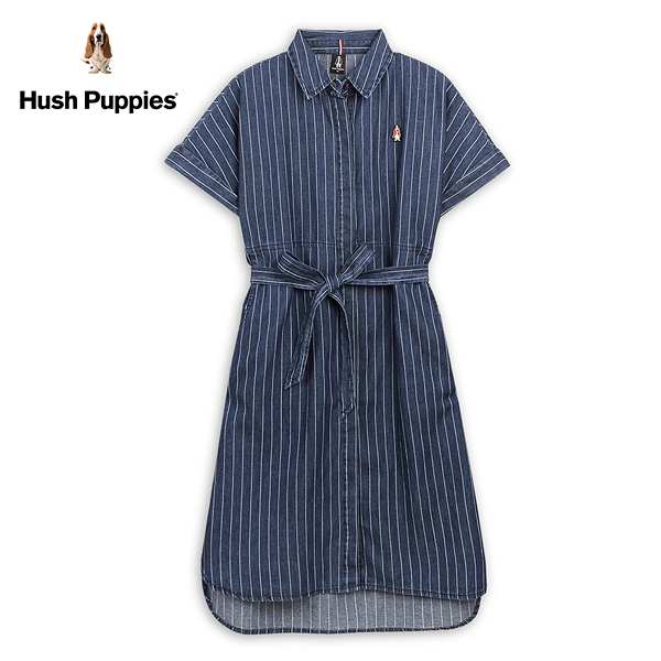 Hush Puppies 洋裝 女裝直條紋寬袖暗門襟腰綁帶休閒牛仔洋裝