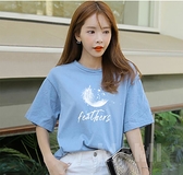 純棉t恤短袖女2020新款韓版藍色圓領寬鬆印花半袖體恤衫學生百搭