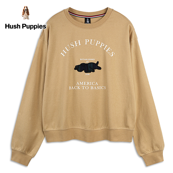 Hush Puppies T恤 女裝趴趴狗格紋貼布長袖落肩T恤