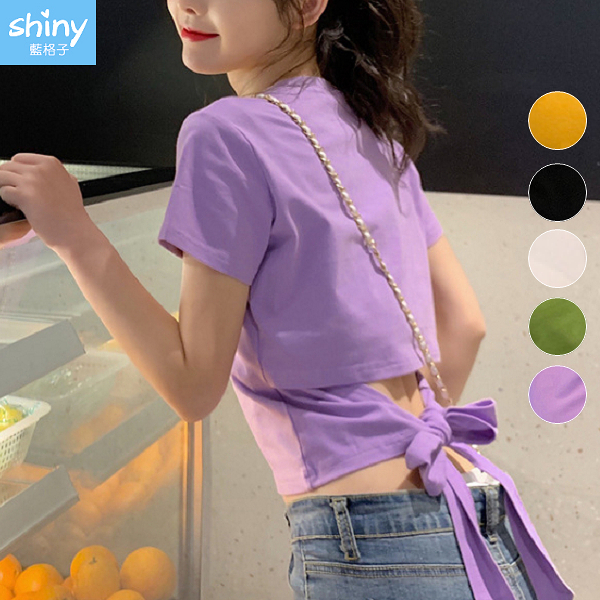 【V3812】shiny藍格子-蜜糖女孩．純色露肚後綁帶蝴蝶結短袖上衣