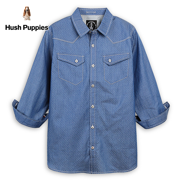 Hush Puppies 襯衫 男裝簡約點點緹花五分袖牛仔襯衫