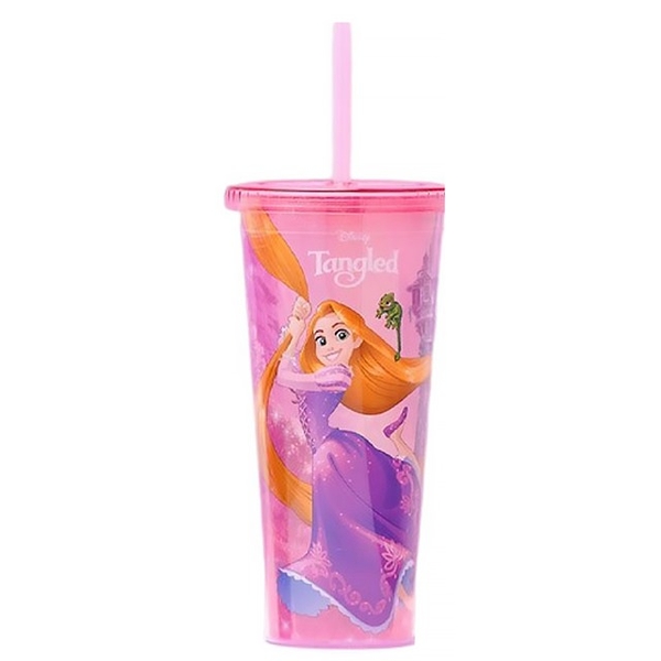 小禮堂 迪士尼 長髮公主 塑膠吸管杯 650ml (粉紫城堡款) 6819910-371971