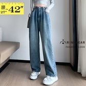 牛仔褲--韓系小姐姐腰間造型釦環增高顯瘦視覺高腰闊腿牛仔長褲(藍M-6L)-N106眼圈熊中大尺碼◎