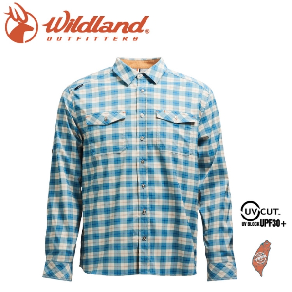 【Wildland 荒野 男 彈性抗UV格子長袖襯衫《湖水藍》】0A71206/防曬襯衫/登山休閒服/彈性纖維/旅遊