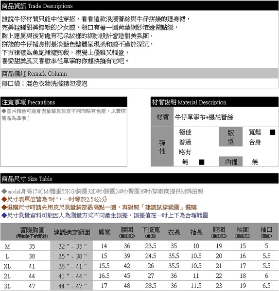 牛仔洋裝--甜美無敵V領連肩蕾絲花朵網紗拼接牛仔短袖圓領連身裙(藍M-3L)-D605眼圈熊中大尺碼 product thumbnail 11