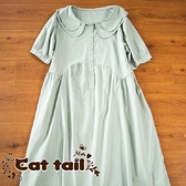 現 〃《貓尾巴》KT-0805 甜美雙層荷葉領純色短袖連身裙(森林系 日系 棉麻 文青 清新)