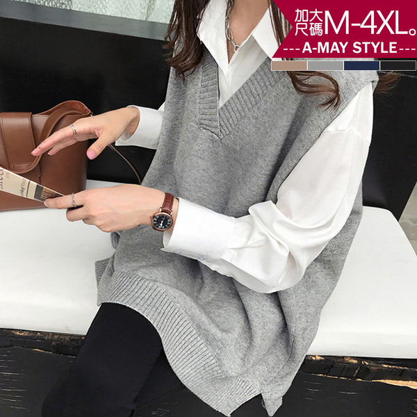 加大碼兩件式-開衩長版針織背心配長袖襯衫(M-4XL) product thumbnail 3