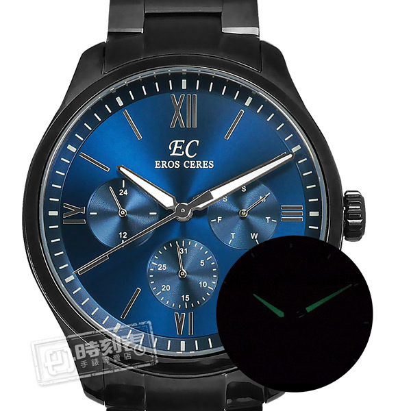 EROS CERES / GQ6258BK-BU / 經典潮流 三眼三針 藍寶石水晶玻璃 日期星期 日本機芯 不鏽鋼手錶 藍x黑 44mm