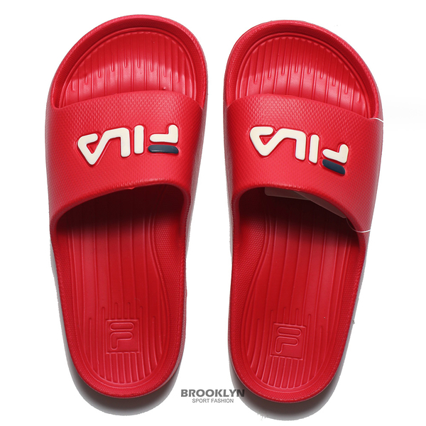 FILA (偏小建議大半號) 紅 白藍 英文LOGO 基本款 防水 拖鞋 男女 (布魯克林) 4S355Q221