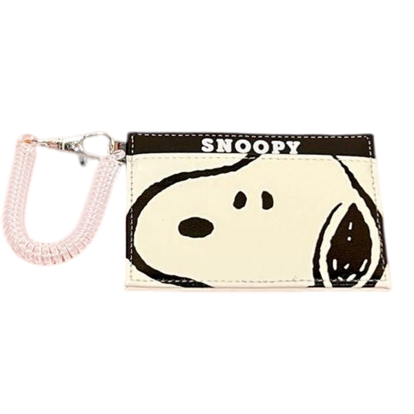 小禮堂 Snoopy 皮質票卡夾附彈簧繩 (黑白大臉款) 4979274-956145