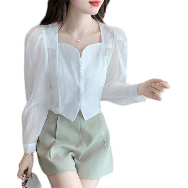韓版蕾絲短袖雪紡上衣 高級感不規則平口短袖襯衣夏韓系溫柔薄款小襯衫開衫上衣T466B.美麗衣櫥
