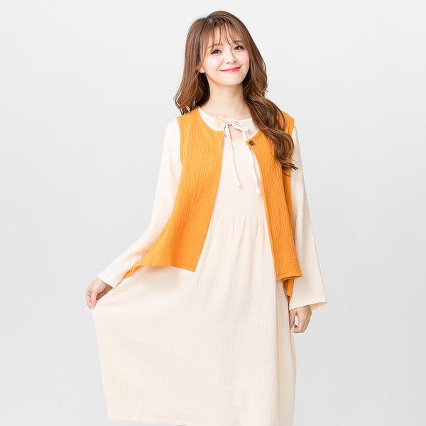 輕盈焦點100%棉2件式居家睡衣洋裝(米+黃)