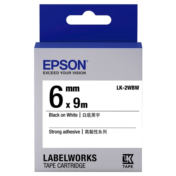 EPSON 6mm LK-2WBW 高黏性 白底黑字 原廠 盒裝 防水 標籤帶 product thumbnail 2