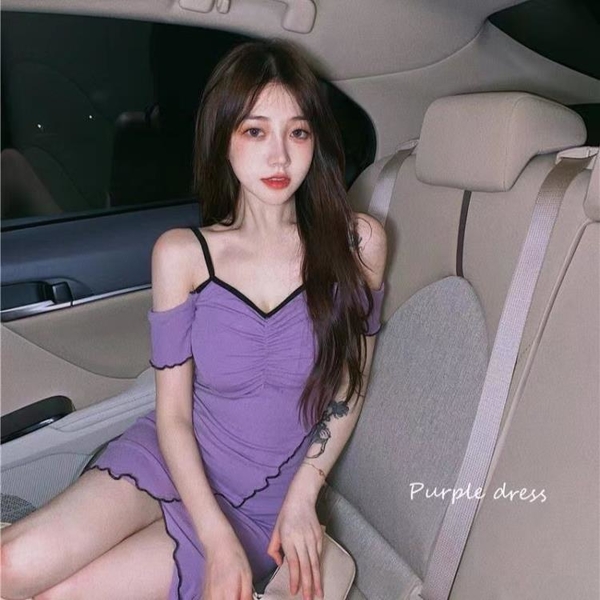 S-L性感洋裝 小禮服 紫色吊帶性感連衣裙法式露肩氣質包臀短裙年女神裙子T508-B-1號