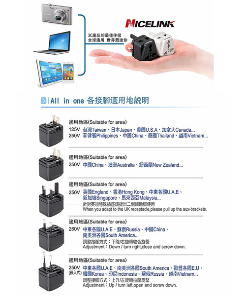 【耐司林克 Nicelink】旅行萬用轉接頭/全球通用型 UA-500A(W) product thumbnail 4