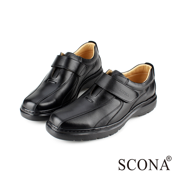 SCONA 全真皮 都會輕量側帶紳士鞋 黑色 0845-1