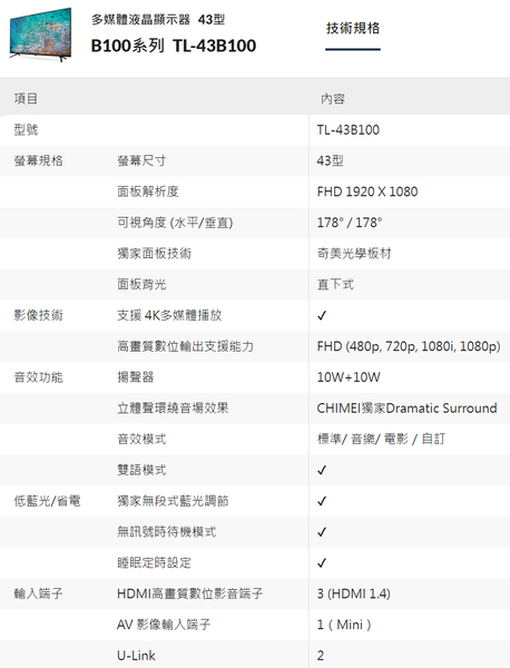 CHIMEI奇美43吋低藍光液晶顯示器/電視(無視訊盒)TL-43B100~含運僅配送一樓 product thumbnail 7