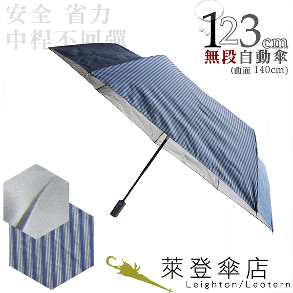 雨傘 萊登傘 超大傘面 可遮三人 抗UV 不回彈 無段自動傘 銀膠 Leotern 直紋鐵藍