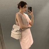 韓國東大門正品代新款 櫻花粉背心開衫高腰壓褶半身裙套裝