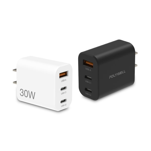 POLYWELL 30W三孔PD快充頭 雙USB-C+USB-A充電器 GaN氮化鎵 BSMI認證 寶利威爾 台灣現貨 product thumbnail 2