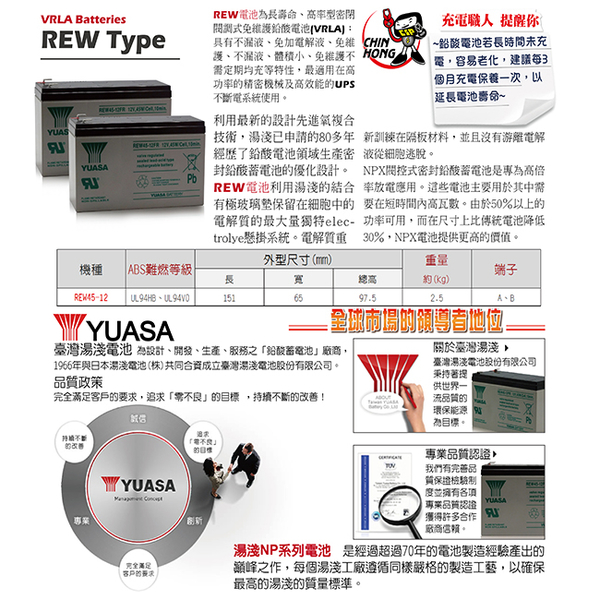 【CSP】YUASA湯淺REW45-12高率型密閉式鉛酸電池 替代12V9AH 12V7AH 鉛酸電池