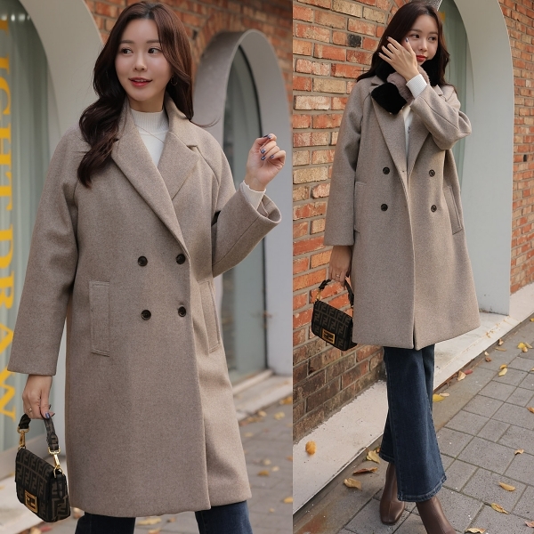 韓國製．優雅毛料鈕釦翻領長版大衣外套．白鳥麗子