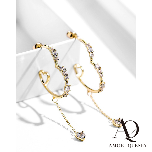 AQ 925純銀 質感香檳金愛心帶鑽垂墜耳環/耳針(AMOR Quenby) product thumbnail 6