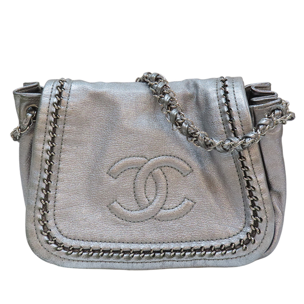 【二手名牌BRAND OFF】CHANEL 香奈兒 銀色 牛皮 鏈帶 肩背包 銀扣