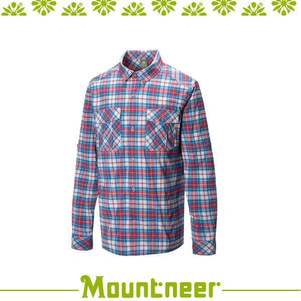 【Mountneer 山林 男 彈性抗UV格子長袖襯衫《紅》】31B05/防曬長袖/夏季襯衫/抗UV/格紋襯衫