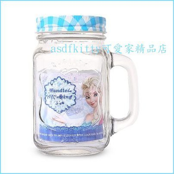 asdfkitty*迪士尼冰雪奇緣藍蓋透明玻璃杯/梅森瓶/水杯/飲料杯/沙拉罐-韓國正版商品