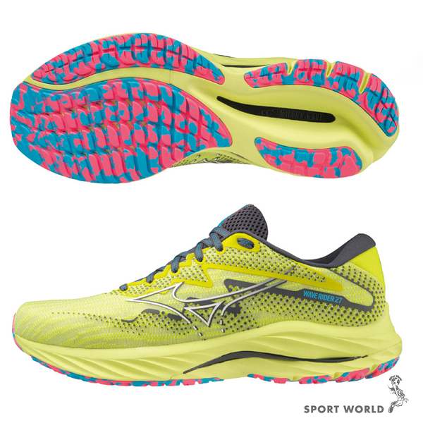 Mizuno 美津濃 男鞋 慢跑鞋 WAVE RIDER 27 螢光黃【運動世界】J1GC230304