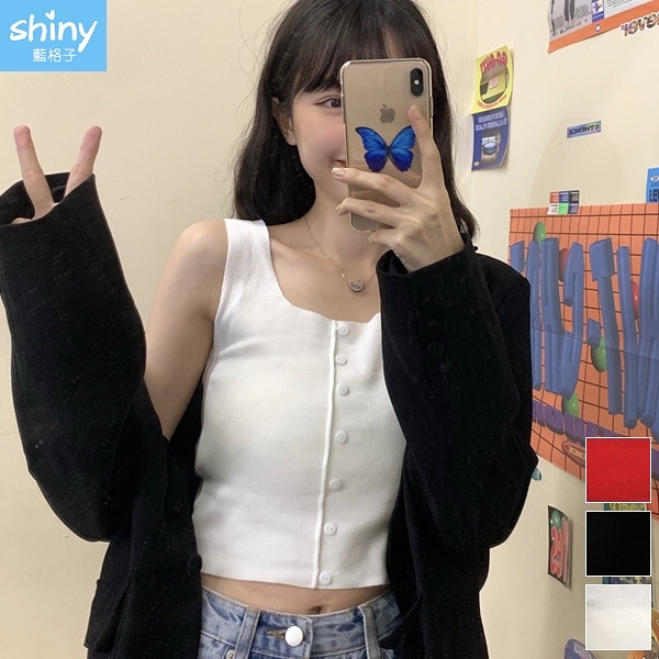 【V3327】shiny藍格子-甜漾春天．方領排釦短版無袖針織背心