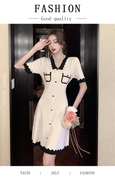 S-XL洋裝連身裙~法式氣質撞色短袖針織連身裙女夏季新款韓版時尚小香風T-510-A-e時代