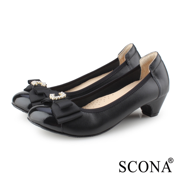 SCONA 蘇格南 全真皮 典雅鑽飾舒適低跟鞋 黑色 31205-1