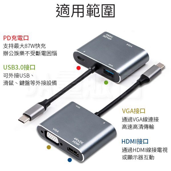Type-C to HDMI 轉接器 四合一 4K UHD HDMI VGA USB PD product thumbnail 6