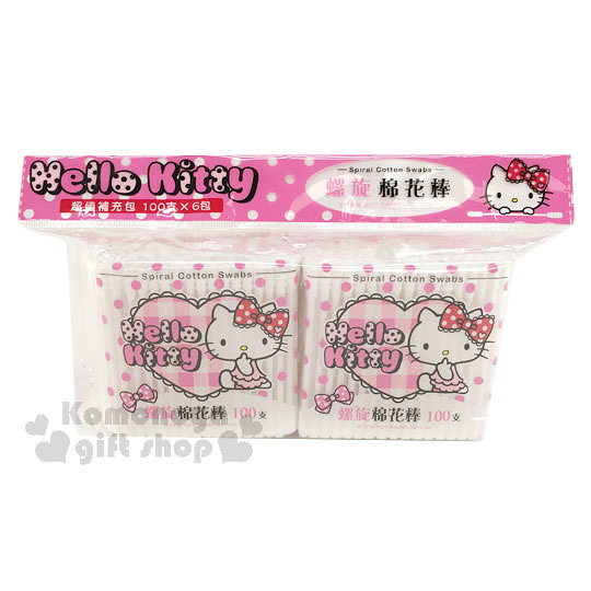 小禮堂 Hello Kitty 螺旋棉花棒《6包.粉格愛心.側坐》一包100支入 4715664-203259