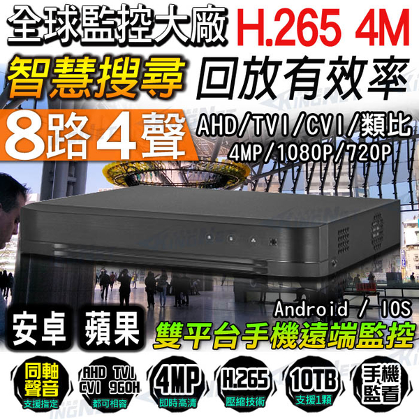 監視器攝影機 KINGNET 4MP 8路主機 DVR 400萬 同軸音頻 支援 1080P 720P 傳統類比 手機遠端